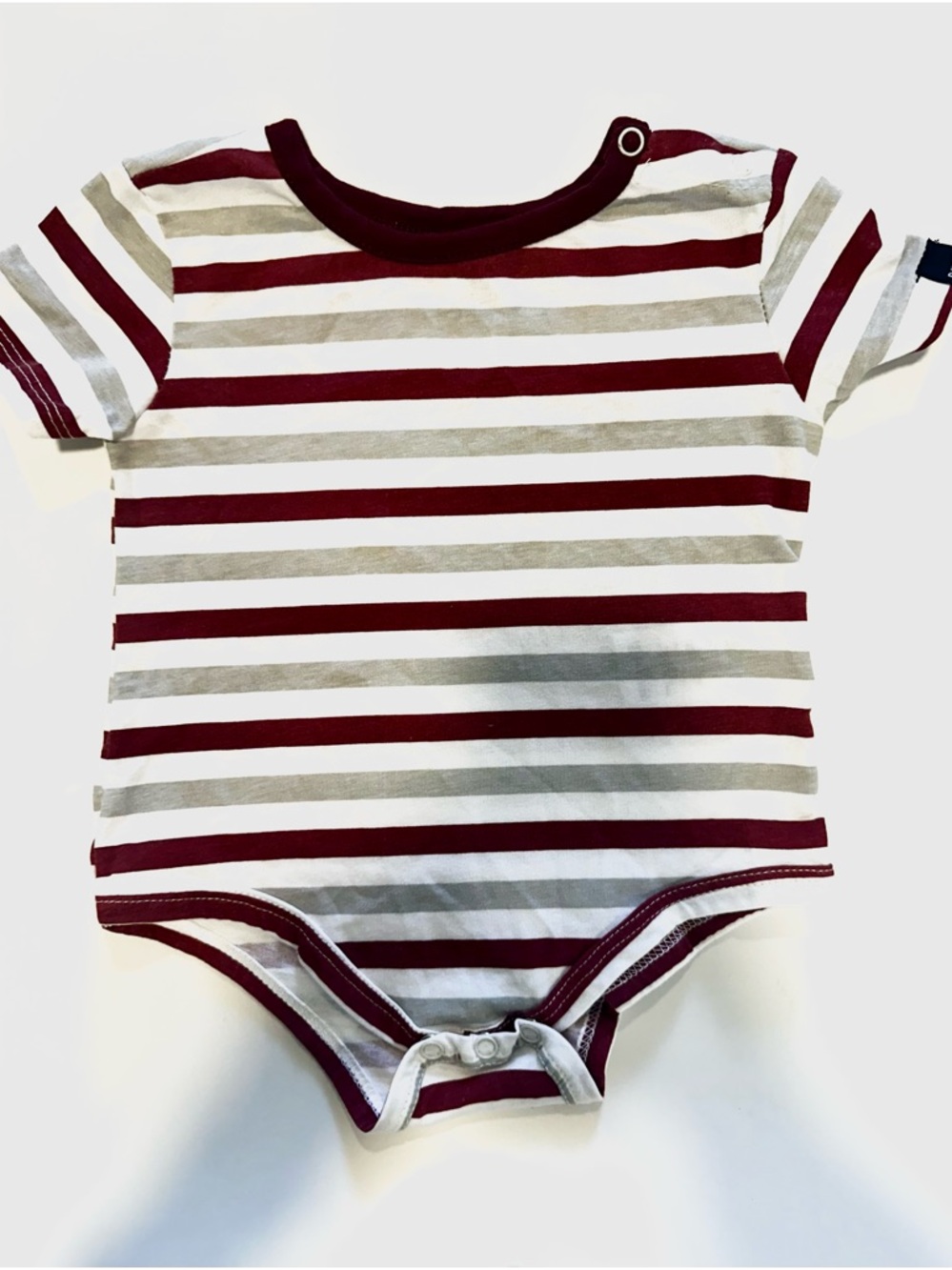 DKNY Striped Maroon, Gray & White Baby Bodysuit